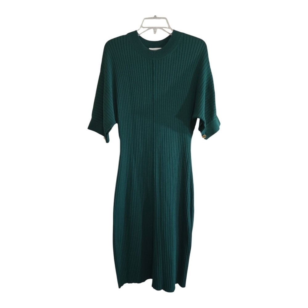 & Other Stories Green Fitted Rib Knit Midi Dress Puff Short Sleeve Medium - Picture 4 of 8